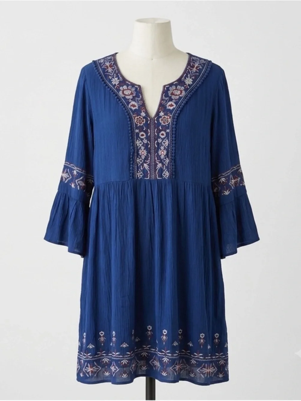 Knox Rose Starry Night Navy Blue Embroidered Boho Bell Sleeve Rayon Dress Sz S